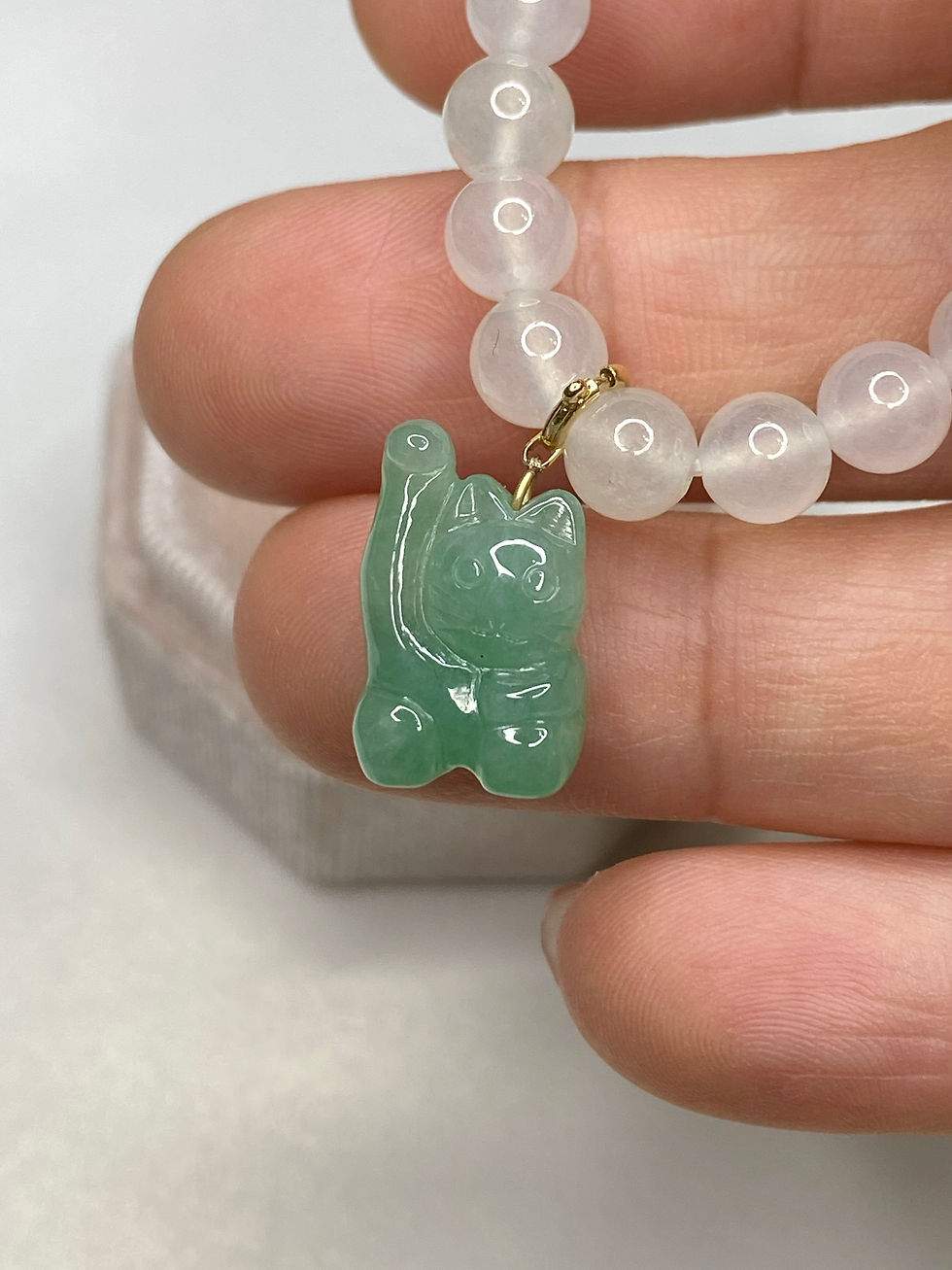 Thumbnail: 18K Yellow Gold Translucent Bluish Green Jade Cat Charm