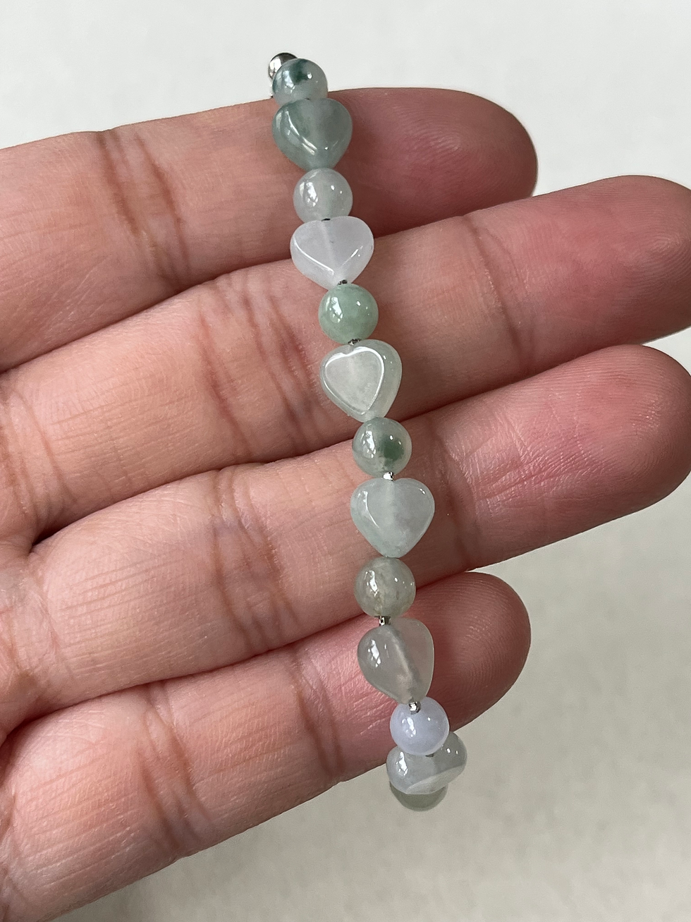 Thumbnail: 925 Silver Type A Translucent Jadeite Heart Mix Beads Bracelet