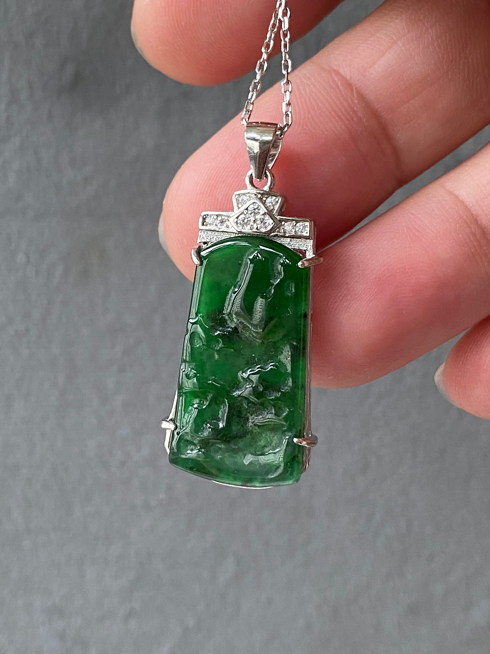 Thumbnail: 925 Silver Type A Translucent Deep Green Jadeite Scenic Pendant