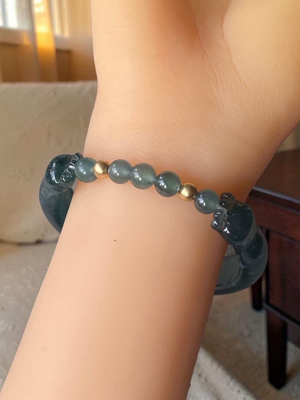 Thumbnail: 54.5MM Type A Bluish Green Carved Jadeite Open Bangle