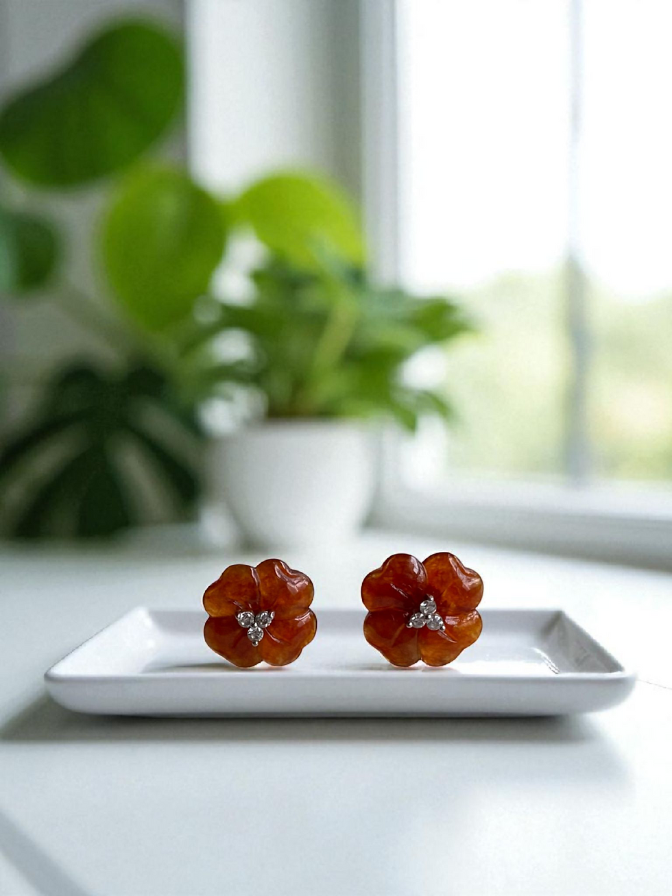 Thumbnail: 925 Silver Type A Translucent Brownish Red Jadeite 4 Clover Ear Studs