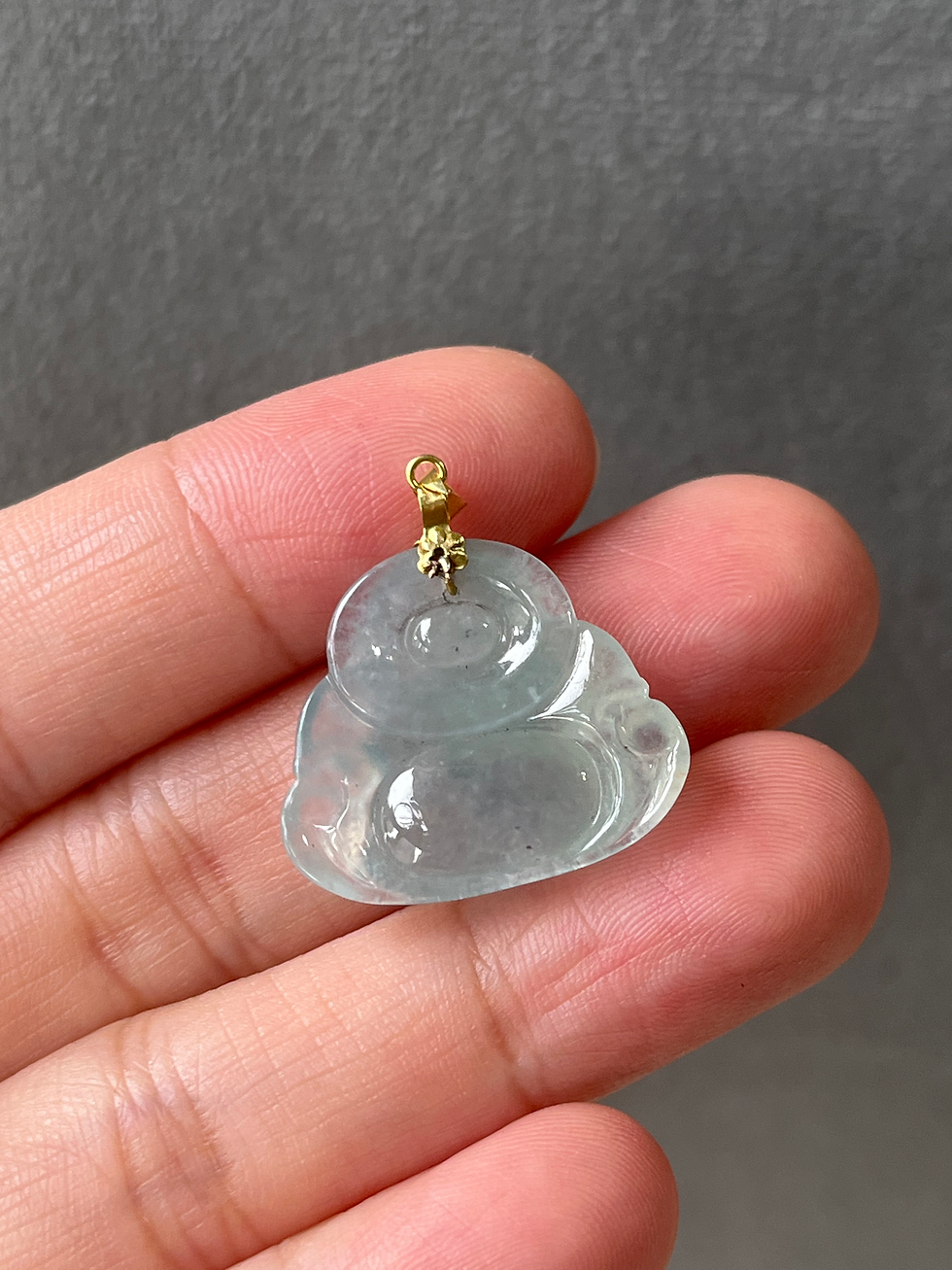 Thumbnail: 18K Yellow Gold Type A Translucent Laughing Buddha Jadeite Pendant