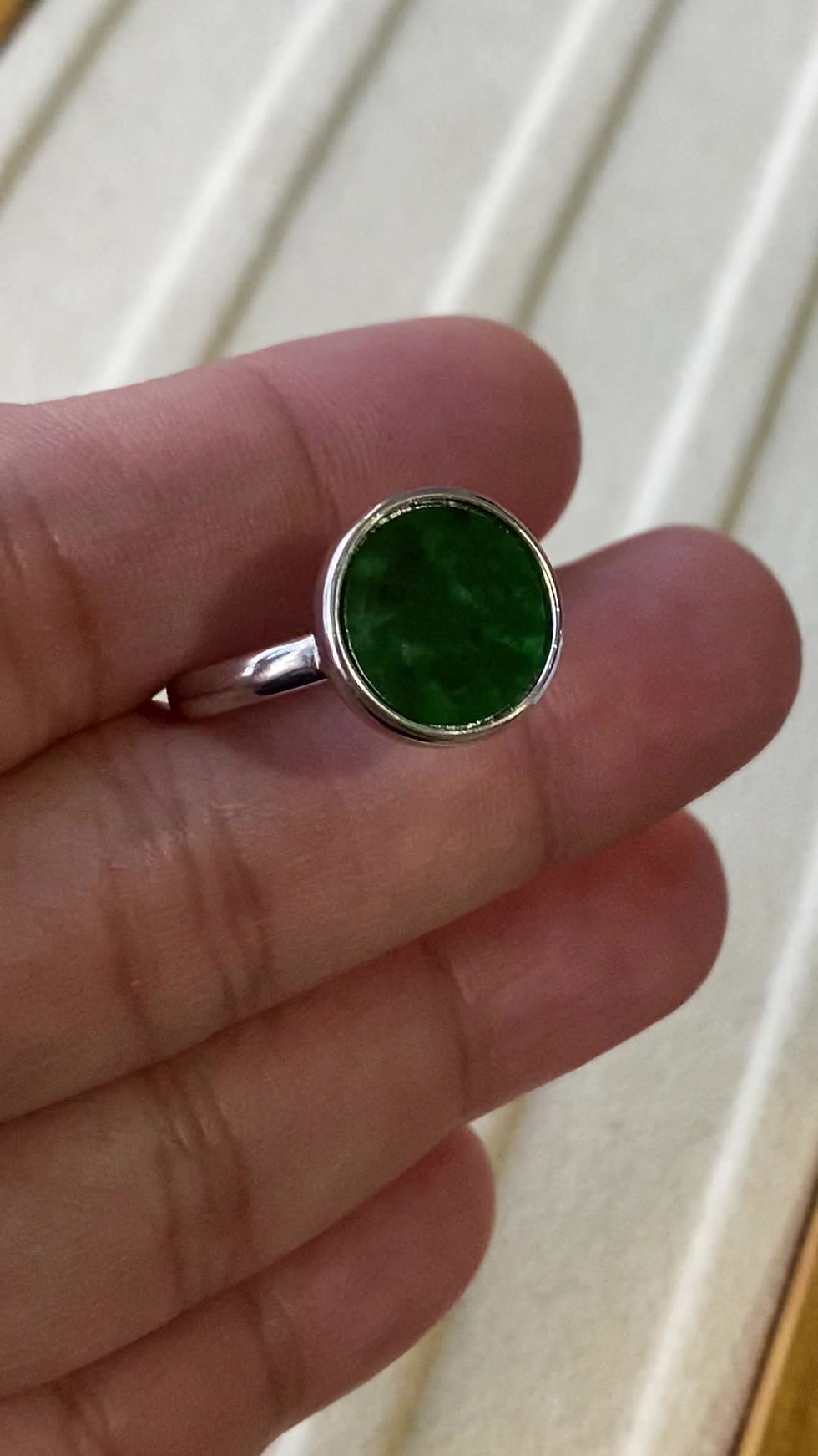 Thumbnail: 925 Silver Dark Green Round Jadeite Ring