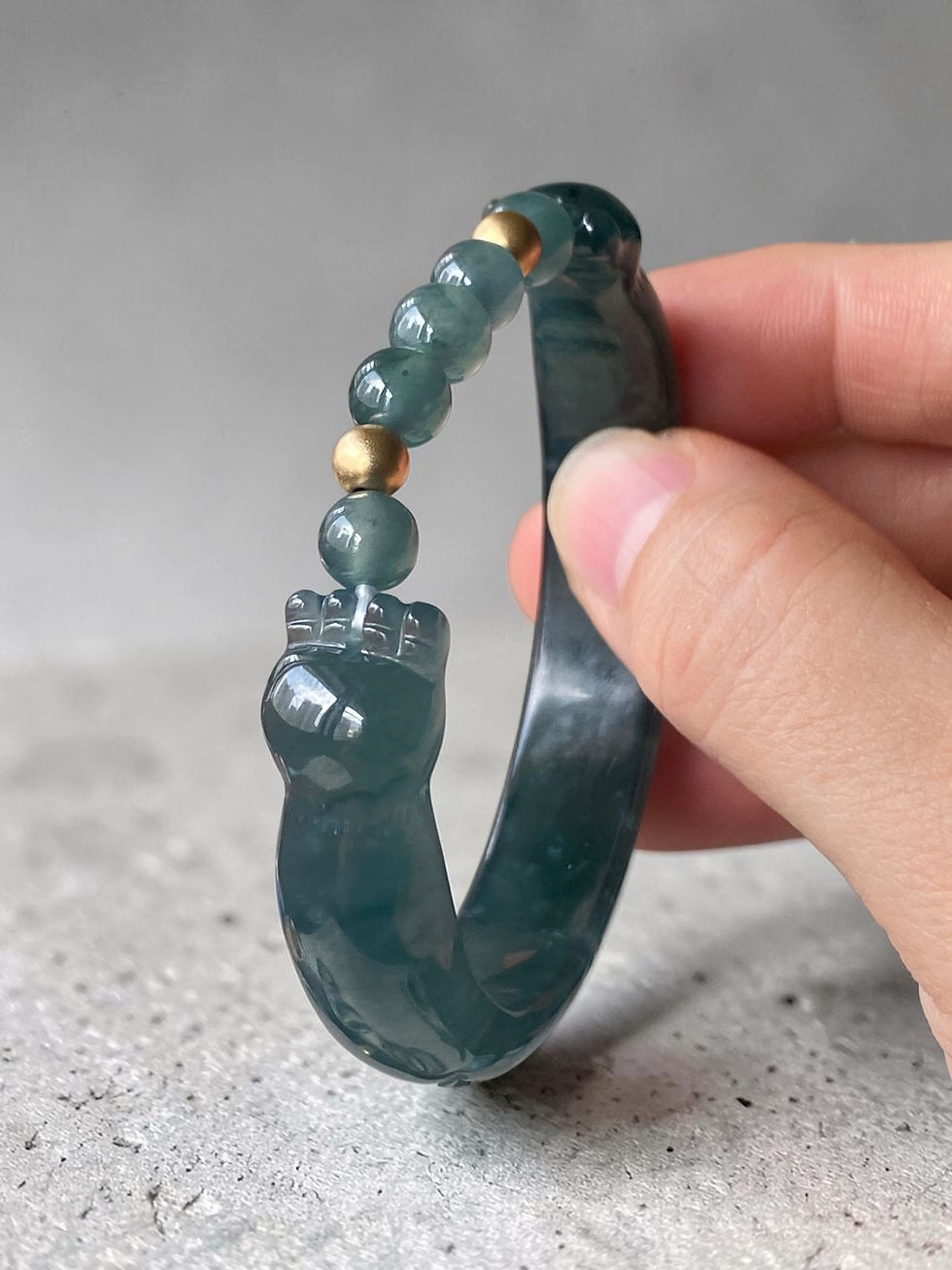 Thumbnail: 54.5MM Type A Bluish Green Carved Jadeite Open Bangle