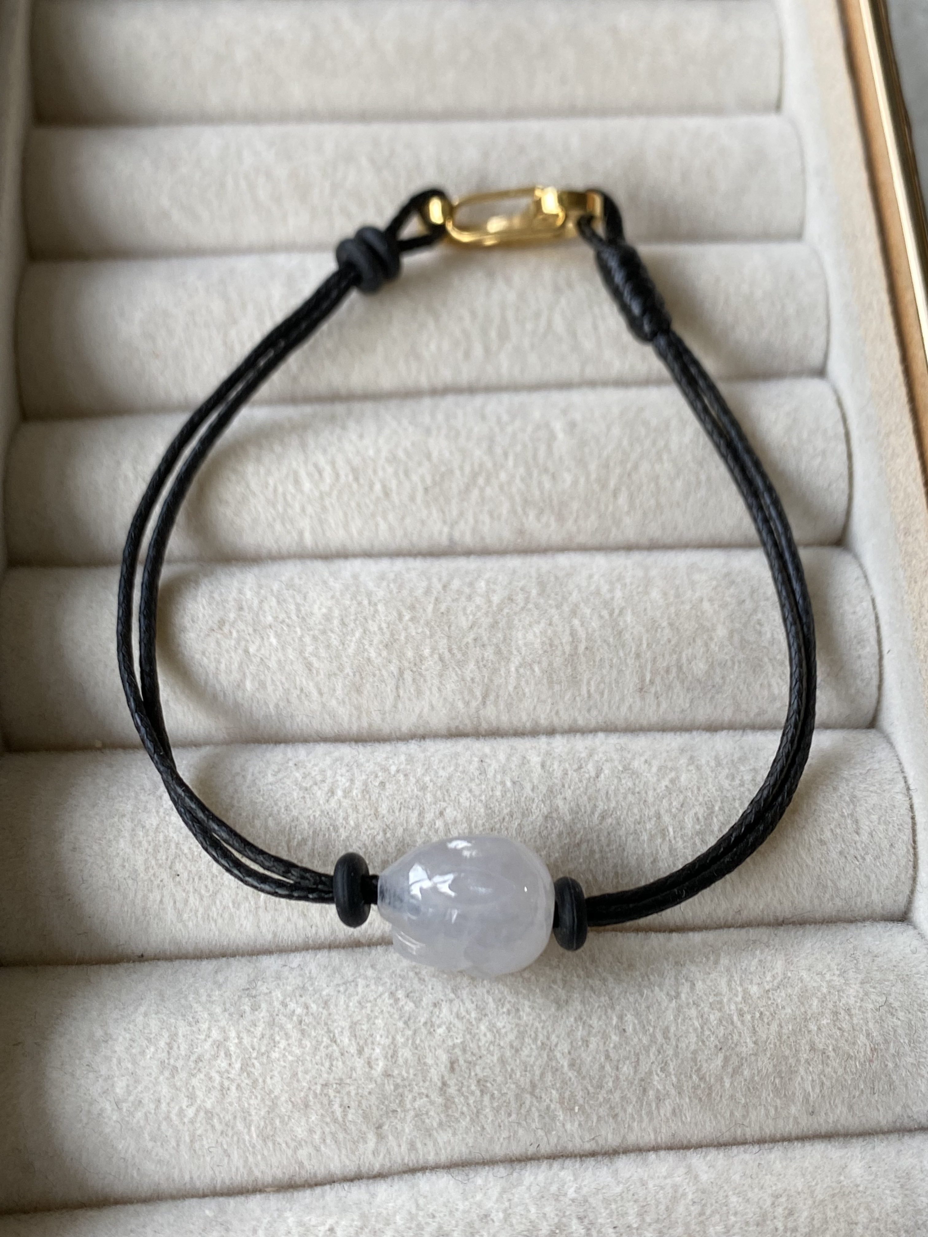 Type A Translucent White Jadeite Rabbit Leather Bracelet