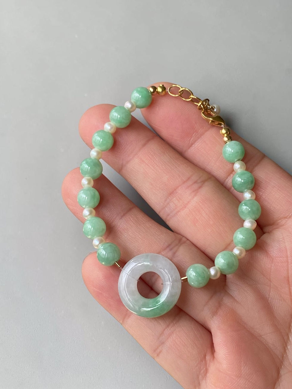 Thumbnail: 14K Gold Filled Type A Green Mix Donut with Light Green Jadeite Beads Bracelet