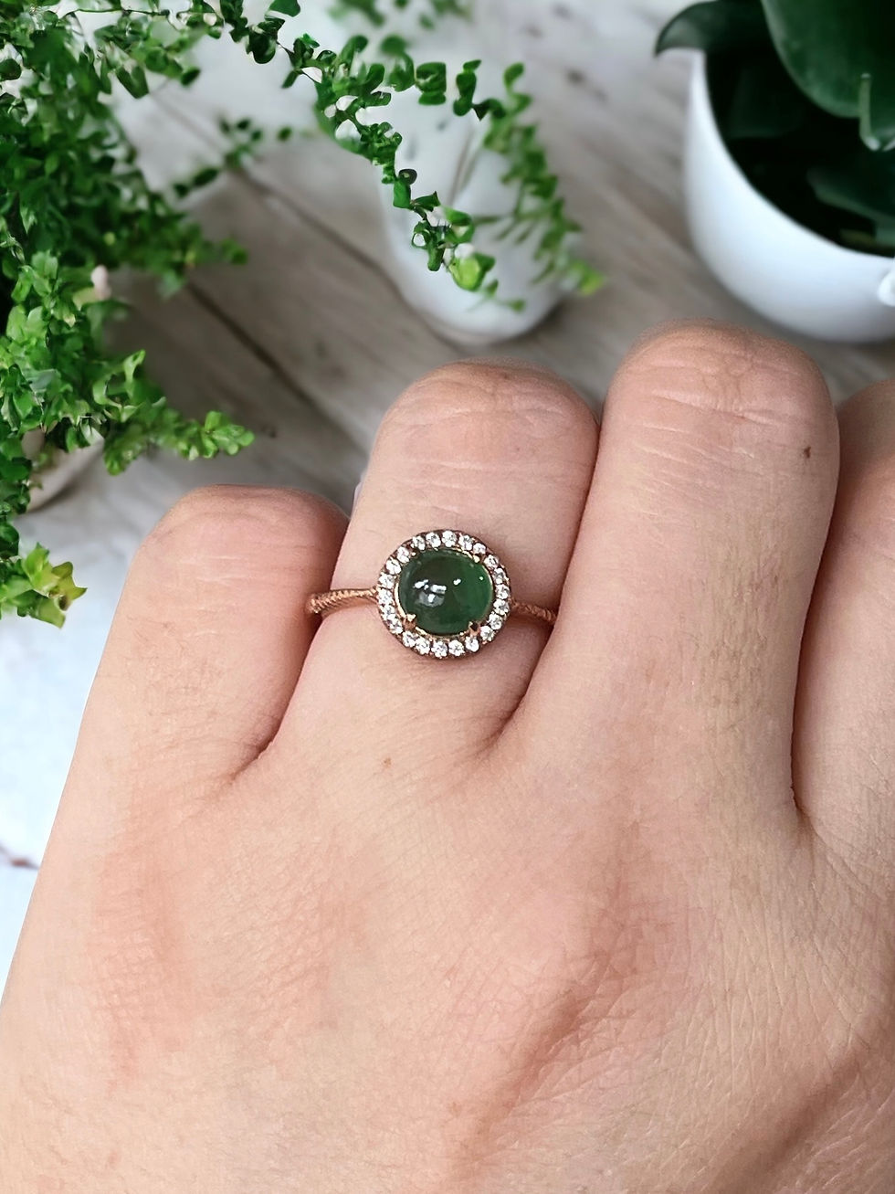 925 Silver Rose Gold Plated Type A Icy Dark Green Jadeite Ring