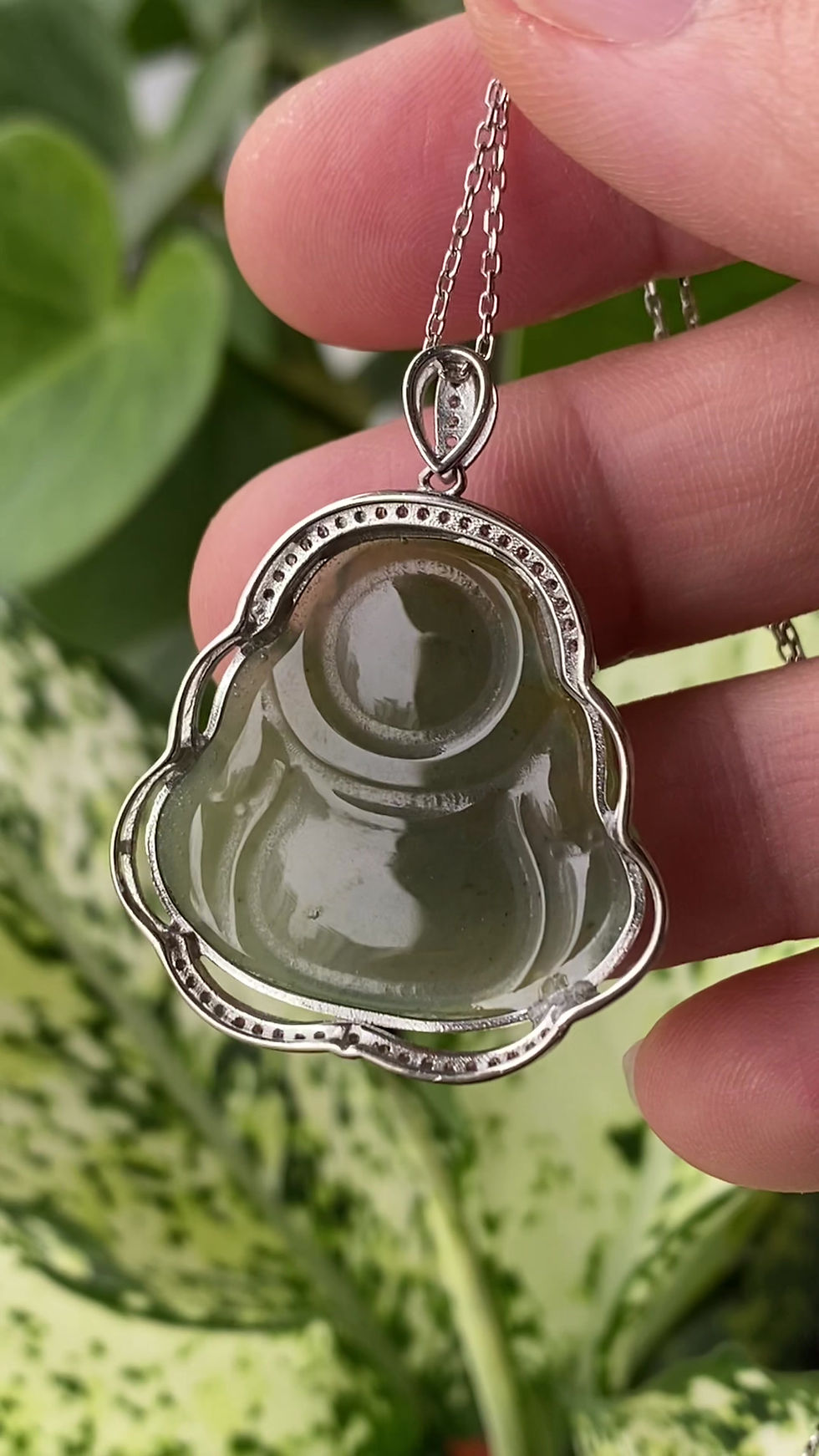 Thumbnail: 925 Silver Type A Yellowish Green Laughing Buddha Jadeite Pendant