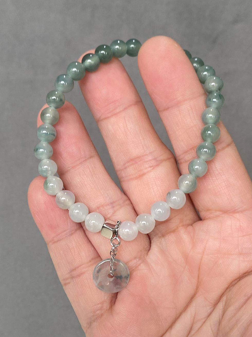 Thumbnail: Type A Translucent Bluish Green Mix Jadeite Beads Bracelet with Charm