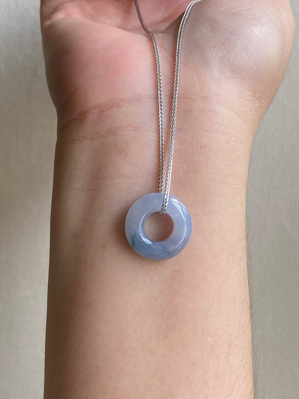925 Silver Type A Translucent Bluish Lavender Mix Jadeite Donut Necklace