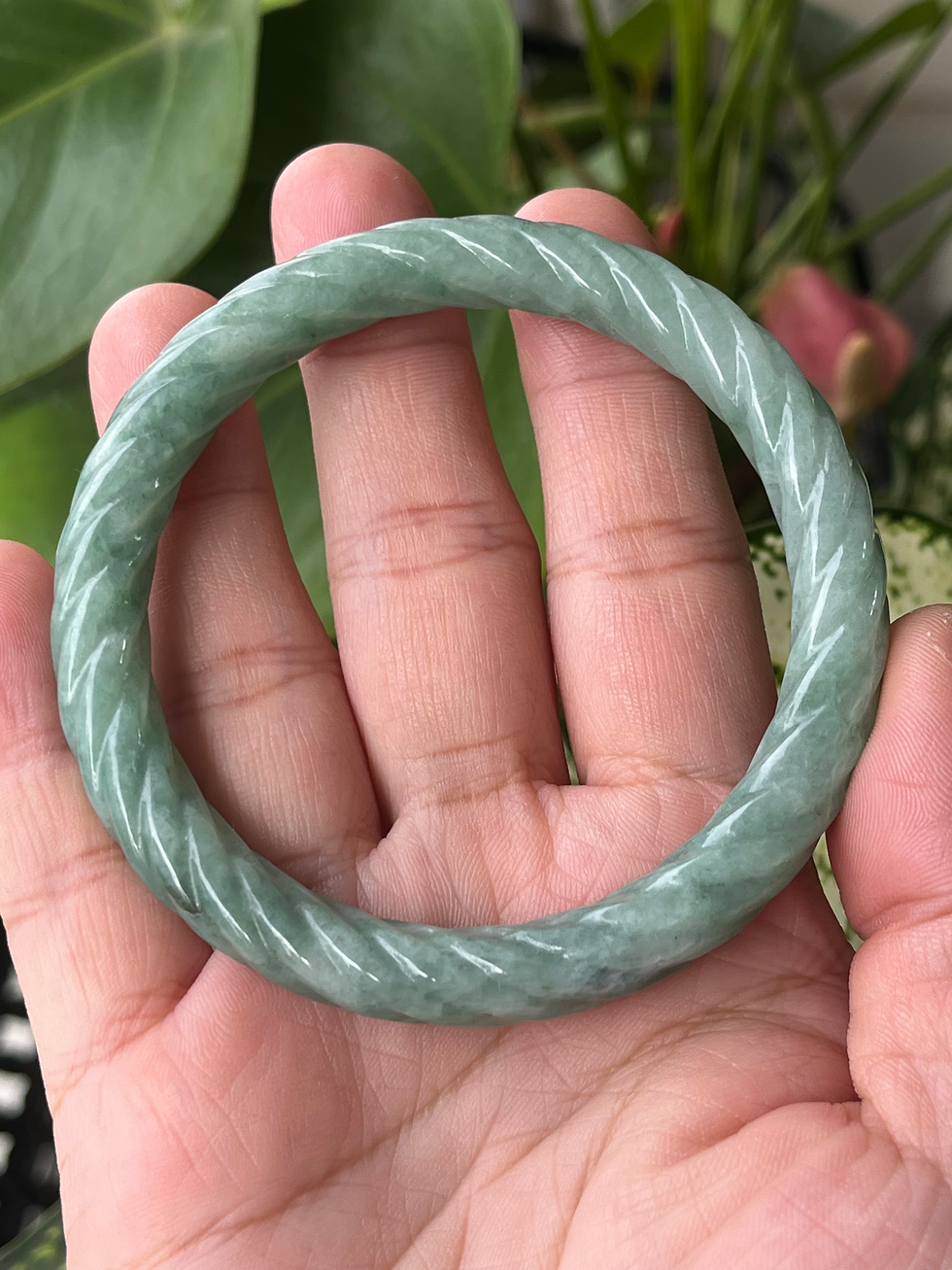 Thumbnail: 57.6MM Type A Green Twisted Carved Jadeite Bangle