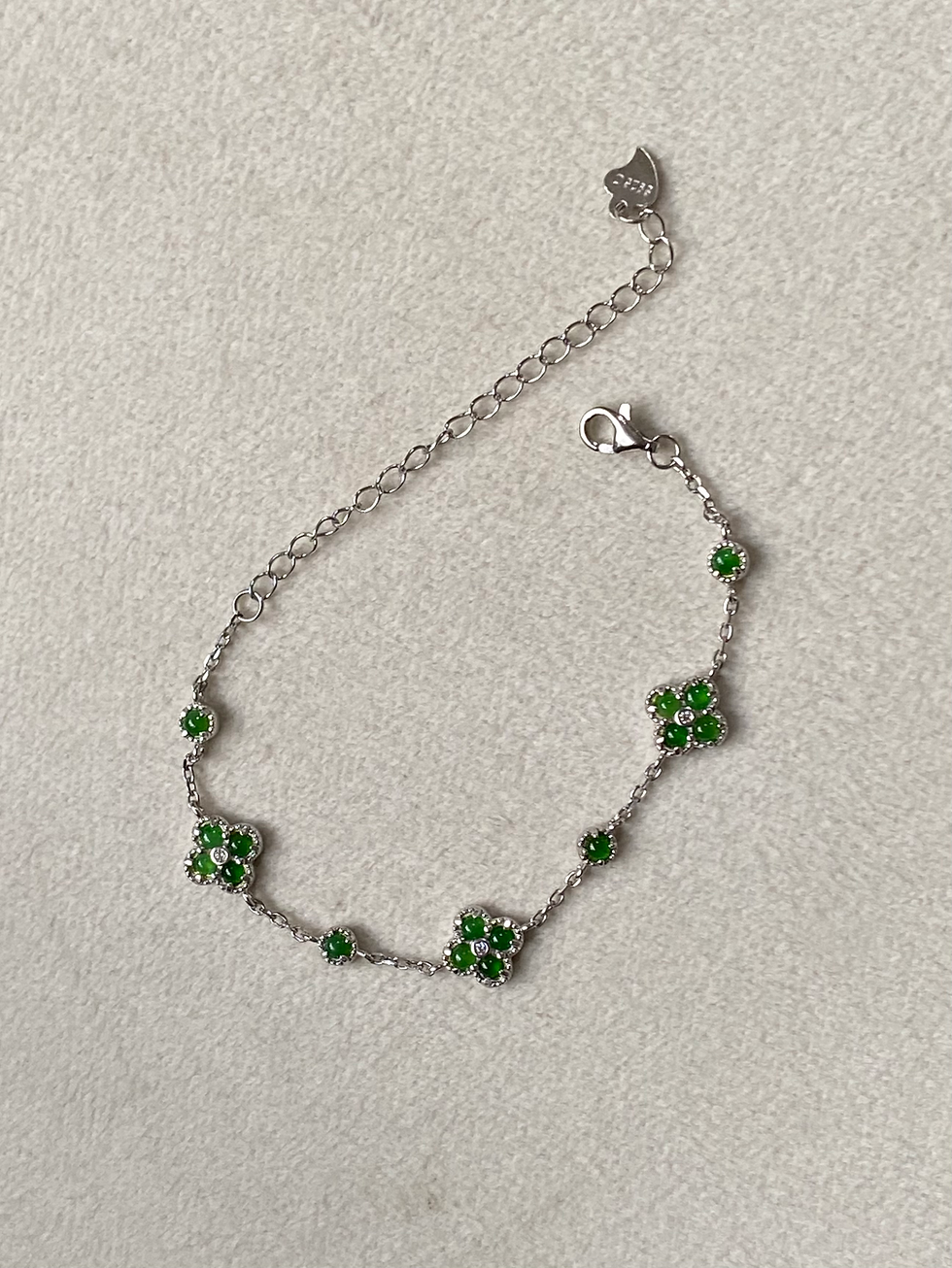 Thumbnail: 925 Silver Type A Translucent Green 4 Clover Jadeite Bracelet