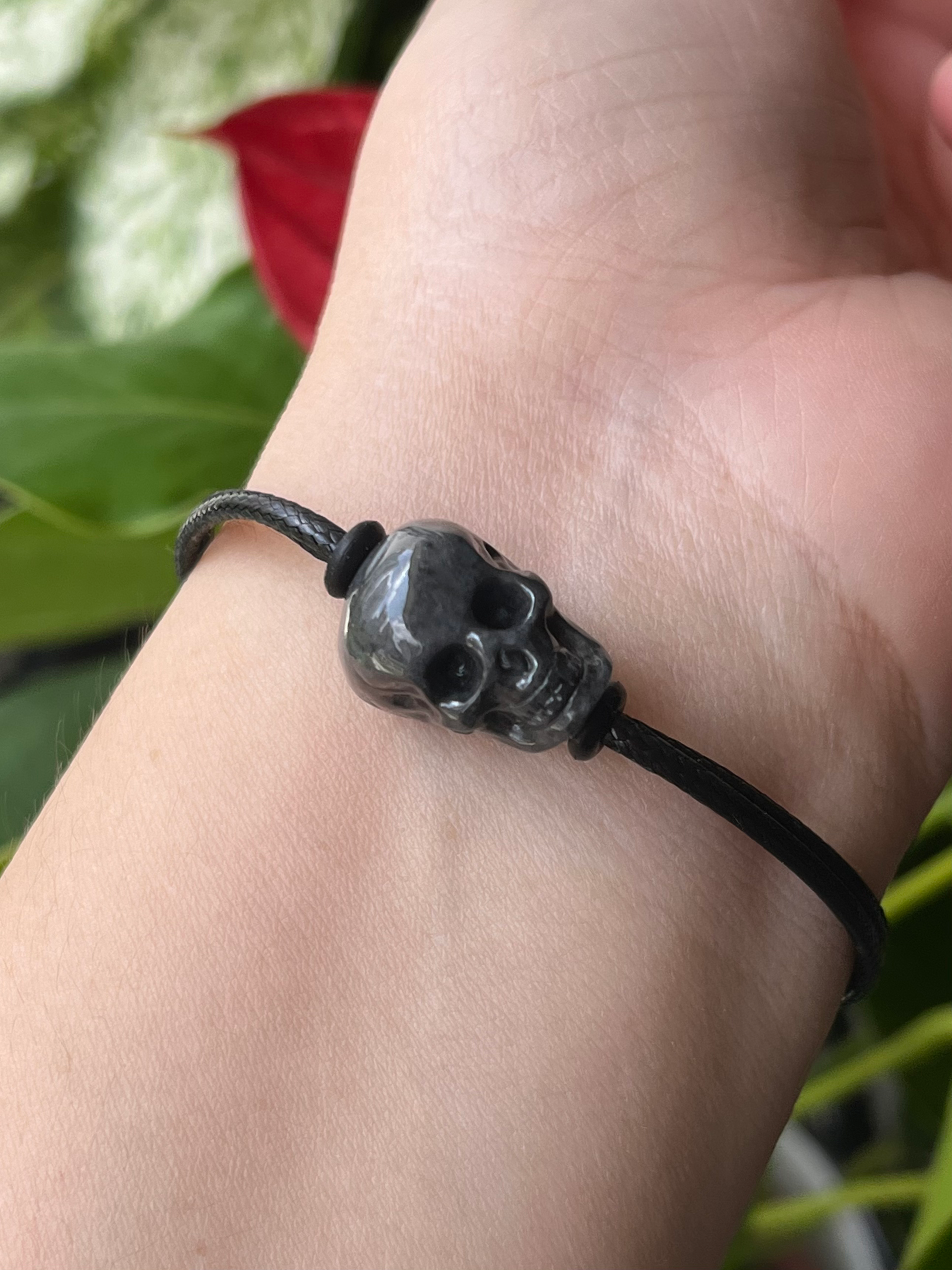 Type A Black Jadeite Skull Leather Bracelet