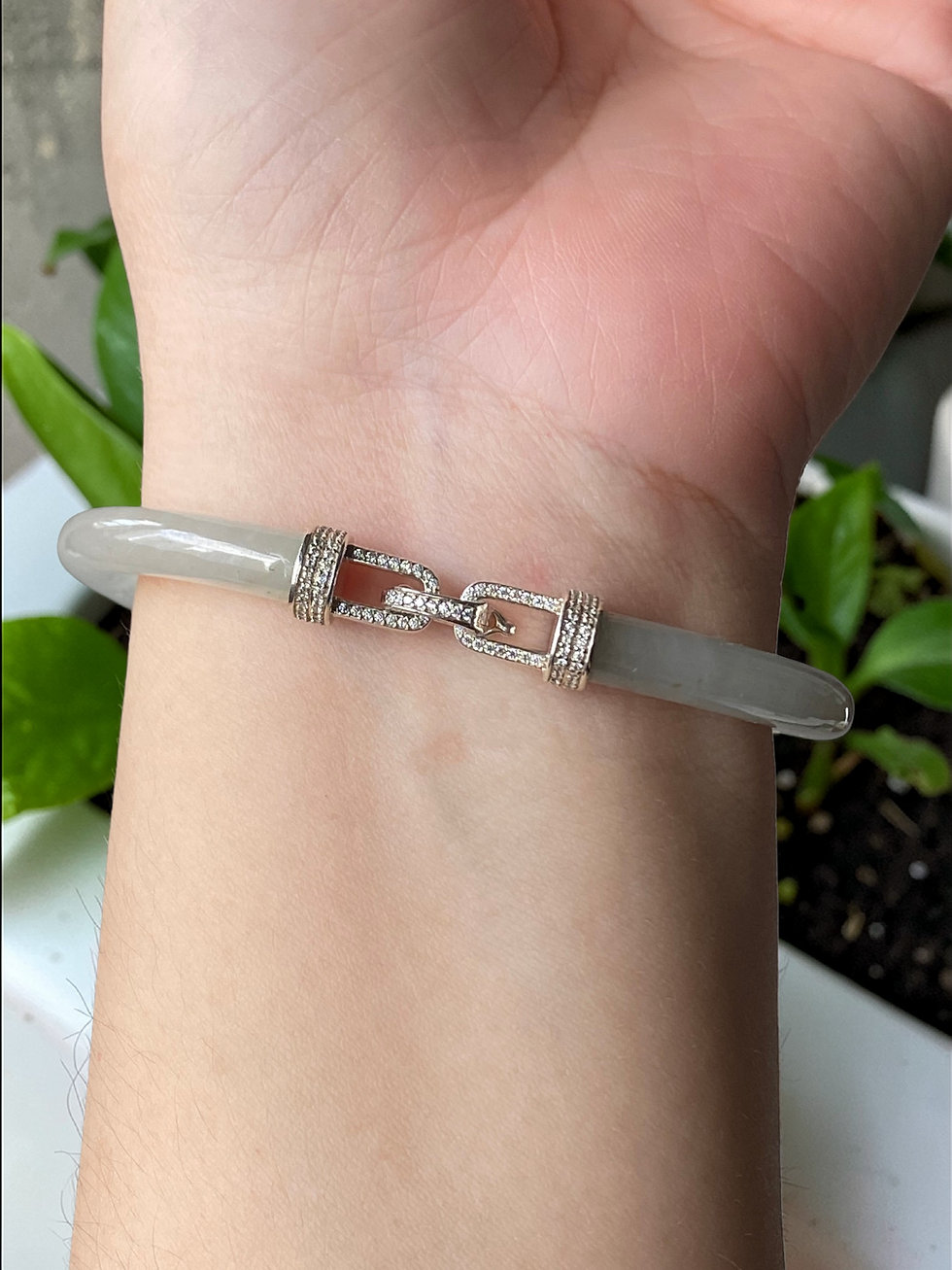 Thumbnail: 54-55MM Type A Translucent Oval Jadeite Open Clasp Bangle