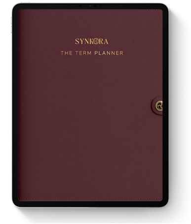 Synkora The Term Planner digital planner cover displayed inside a tablet, featuring a rich burgundy leather-look design, eleg