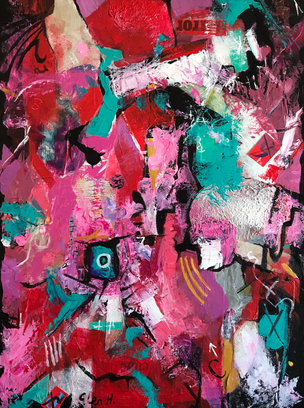 pink, red, turquoise and white abstract artwork. lots of textures. mixed media on canvas.