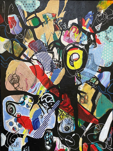 Modern abstract painting showcasing a vibrant blend of red, yellow and blue, with collage details, all encased in black.