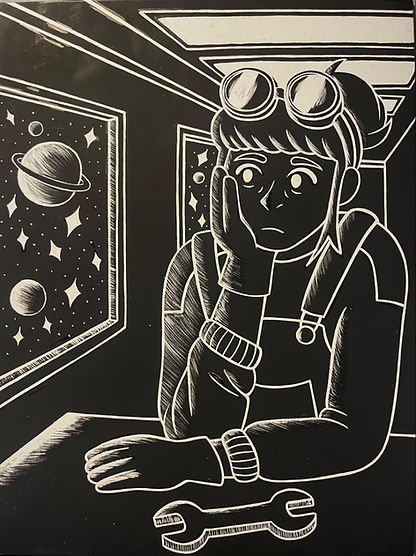 Scratchboard drawing of a woman looking out a window at space. 