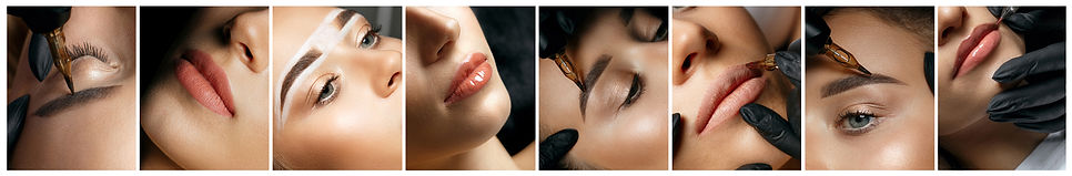 Permanent makeup collage_ closeup photos of eyes and eyebrows. Specialist applying permane