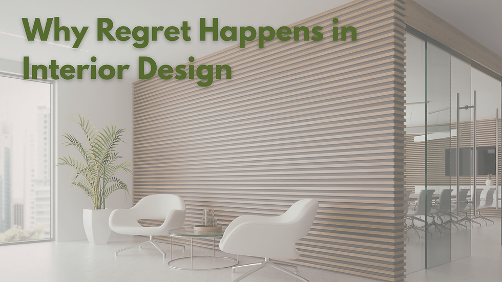 Modern interior with white chairs, glass table, and a potted plant. Wooden slat wall with text: Why Regret Happens in Interior Design.