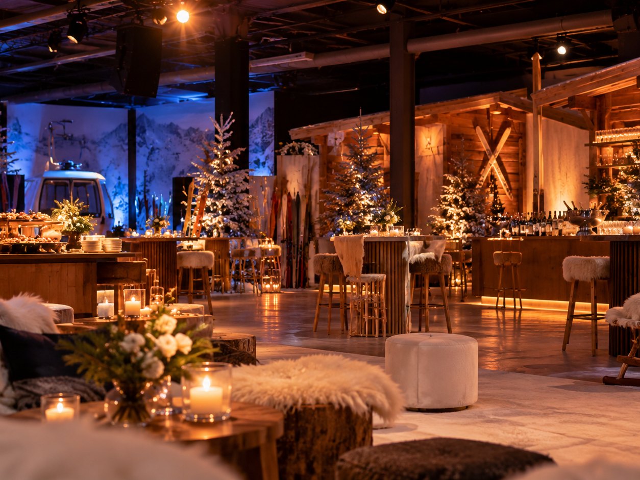 Scénographie chalet de montagne : sapins enneigés, peaux, bougies et bar en bois