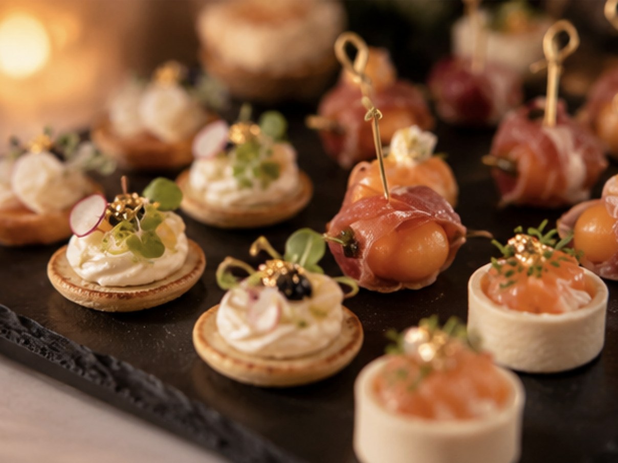 Pièces cocktail raffinées sur ardoise : blinis, tartelettes au saumon et billes de melon au jambon cru