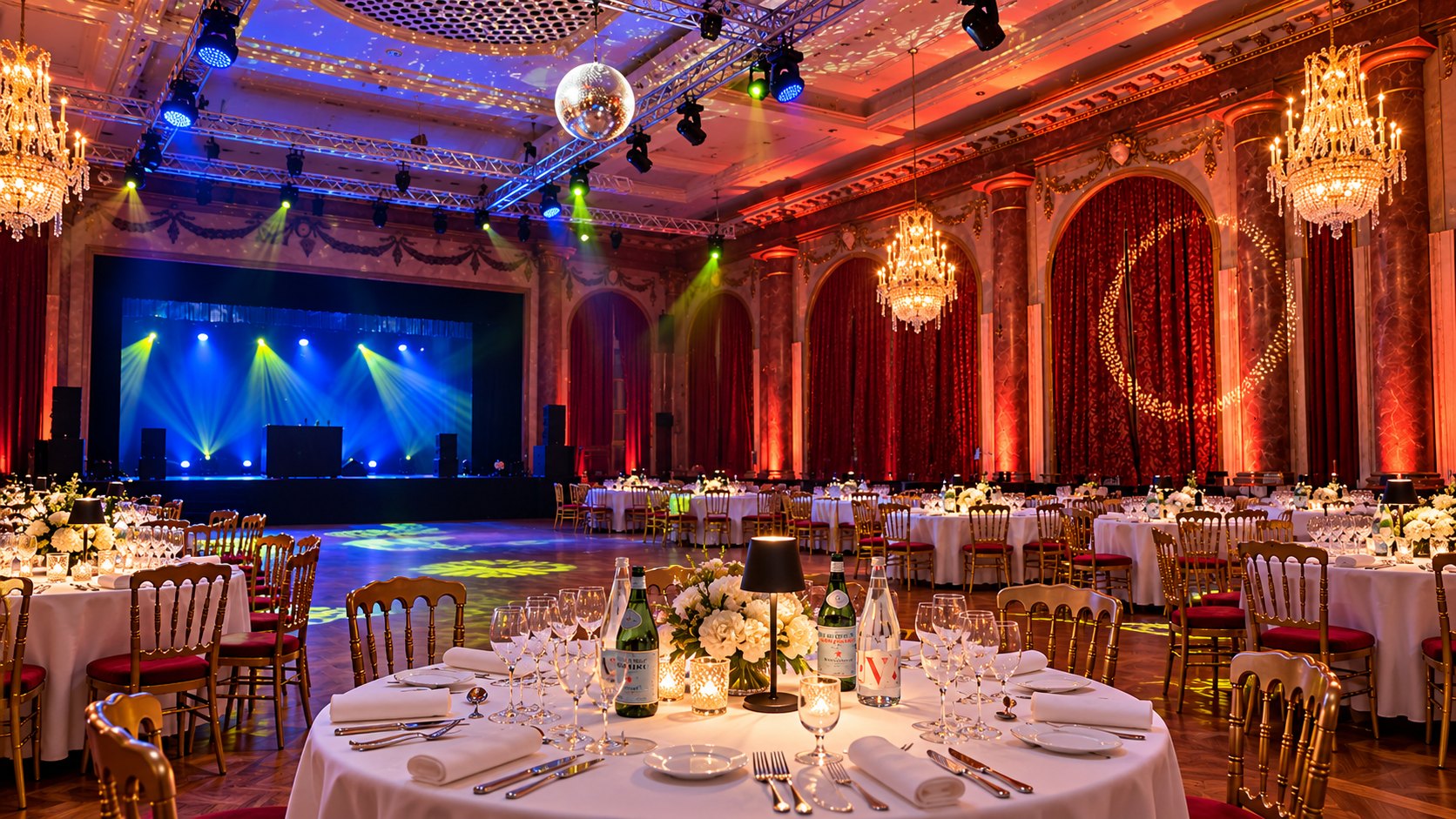 La salle de bal de l’hôtel Le Normandy à Deauville dressée pour le dîner, scène illuminée et lustres de cristal