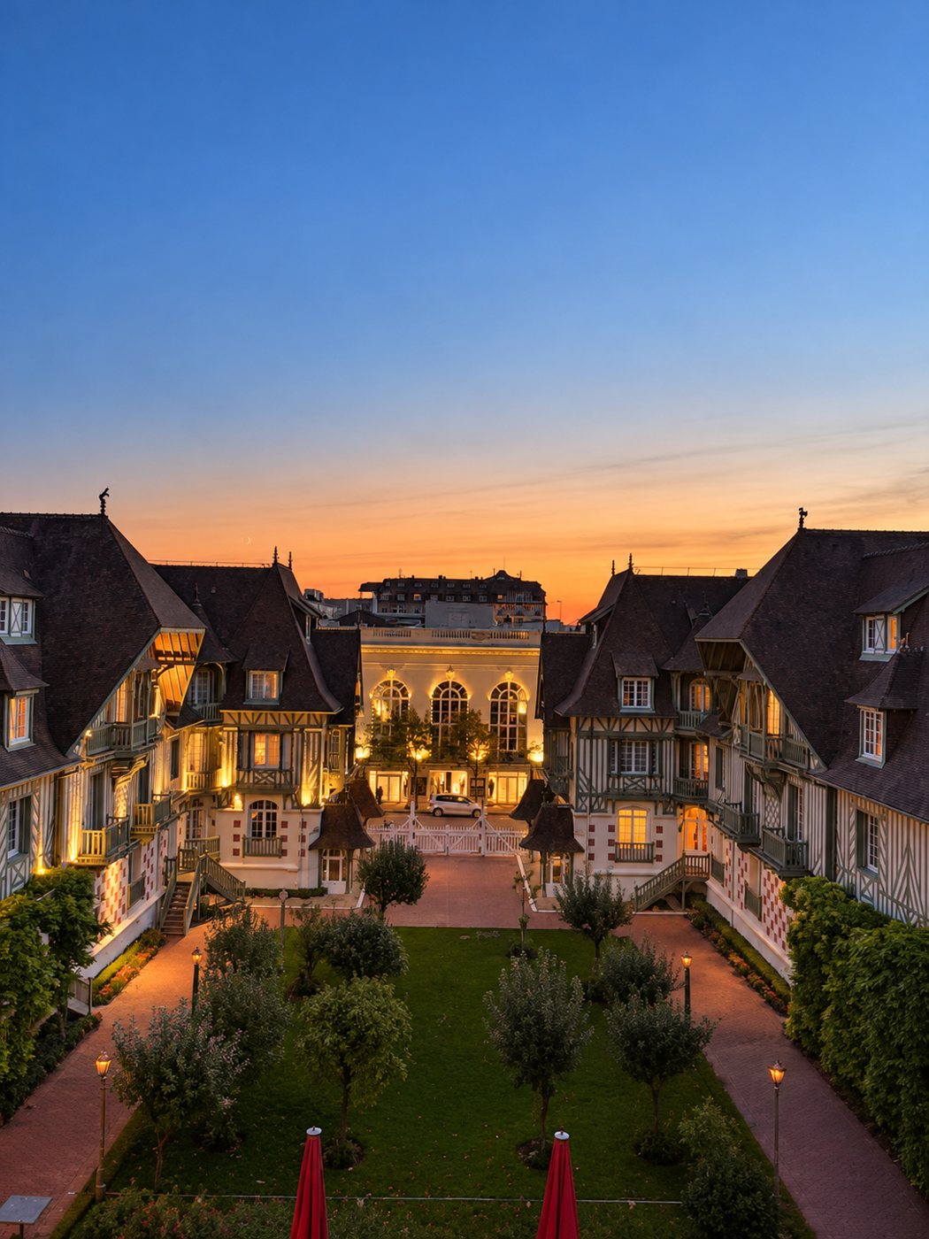 Les façades normandes de l'hôtel Le Normandy illuminées au coucher du soleil