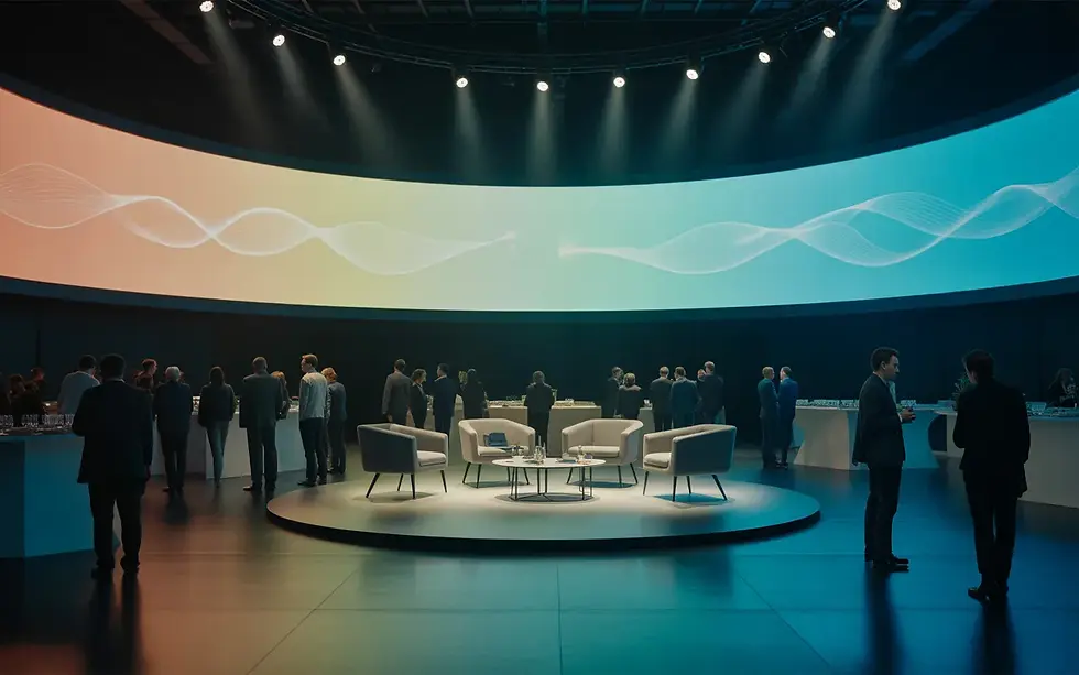 Conception événement corporate sur mesure dans une vaste salle de conférence moderne et luxueuse en 2026, avec grande scène design, écran LED courbe aux motifs lumineux abstraits, zones distinctes pour présentation, networking et régie technique, et groupes de professionnels élégants échangeant devant de hautes baies vitrées donnant sur une skyline urbaine au coucher du soleil.