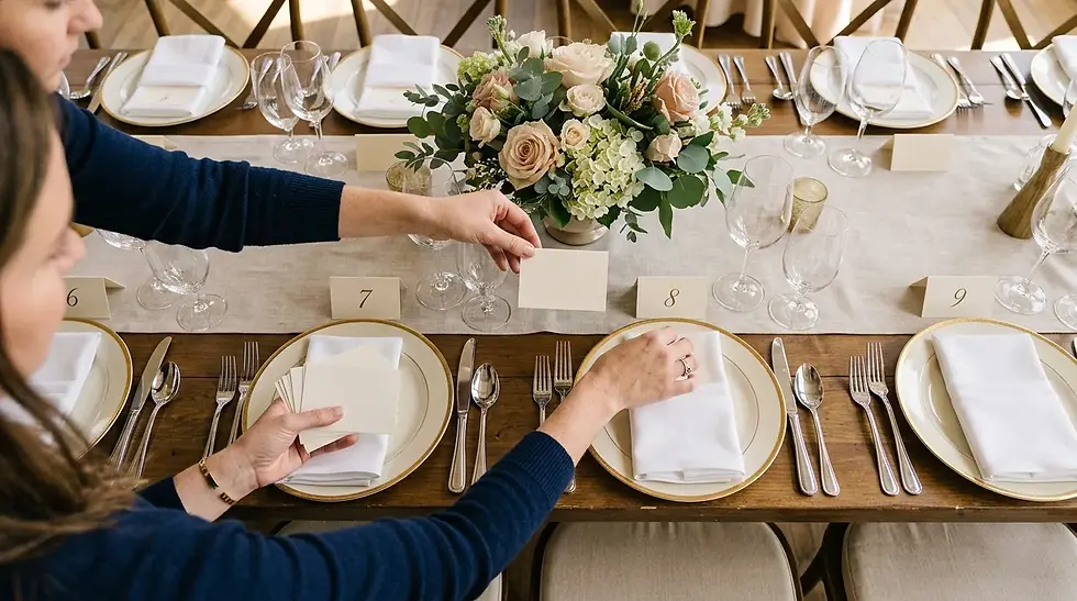 Photo vue du dessus de mains disposant des marque-places vierges sur table de banquet, Symfonia