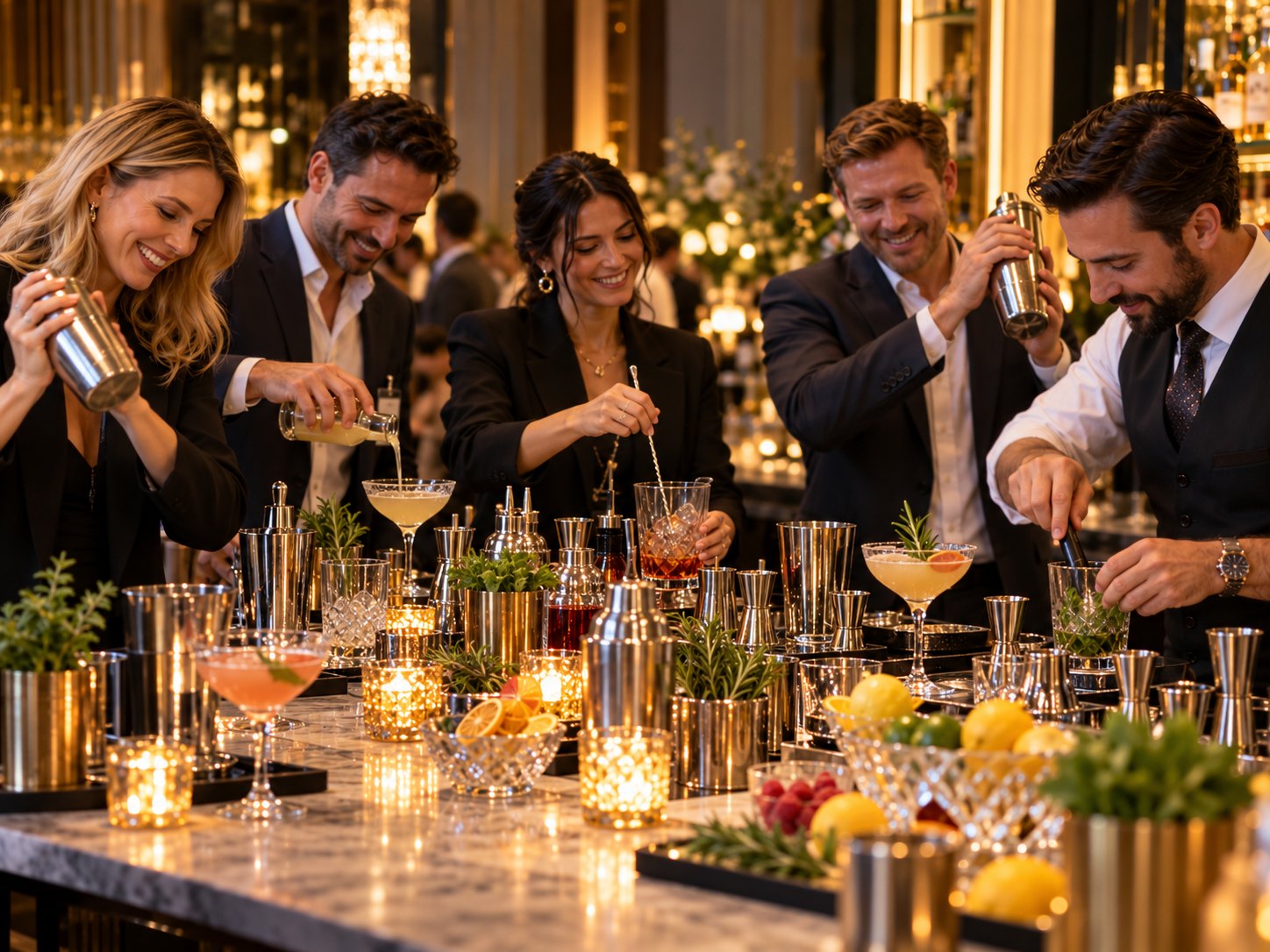 Atelier cocktails en équipe : collaborateurs aux shakers derrière un bar en marbre illuminé de bougies