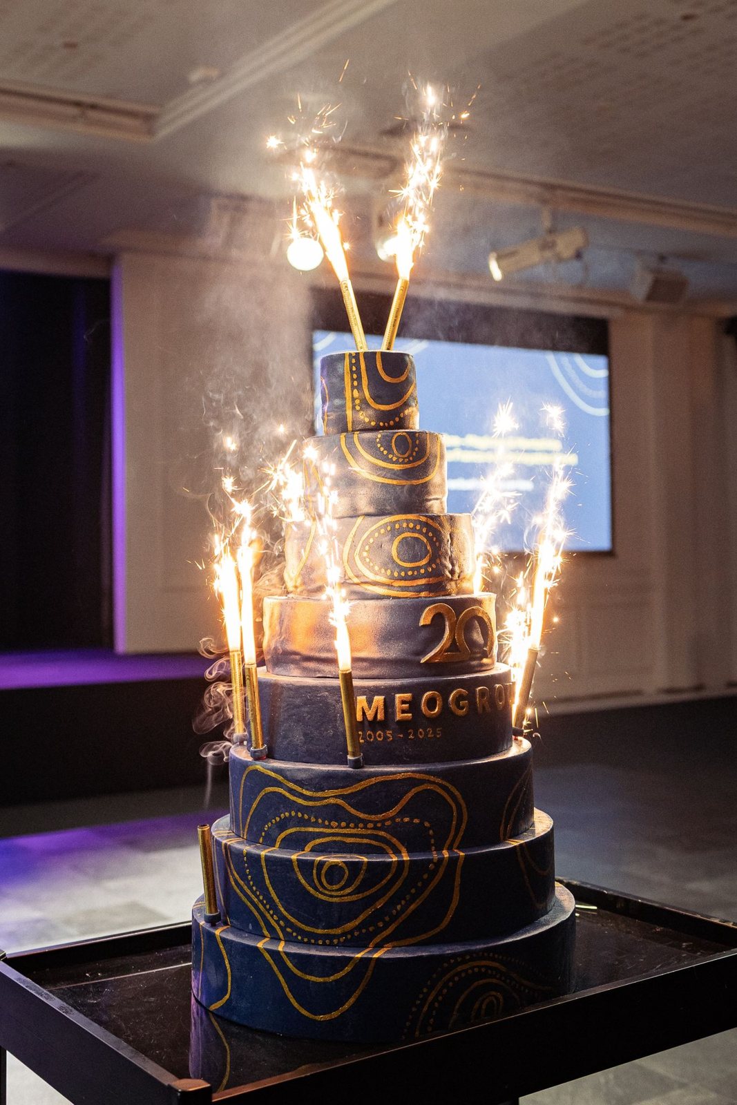 Le gâteau des 20 ans de MEOGROUP et ses fontaines d'étincelles