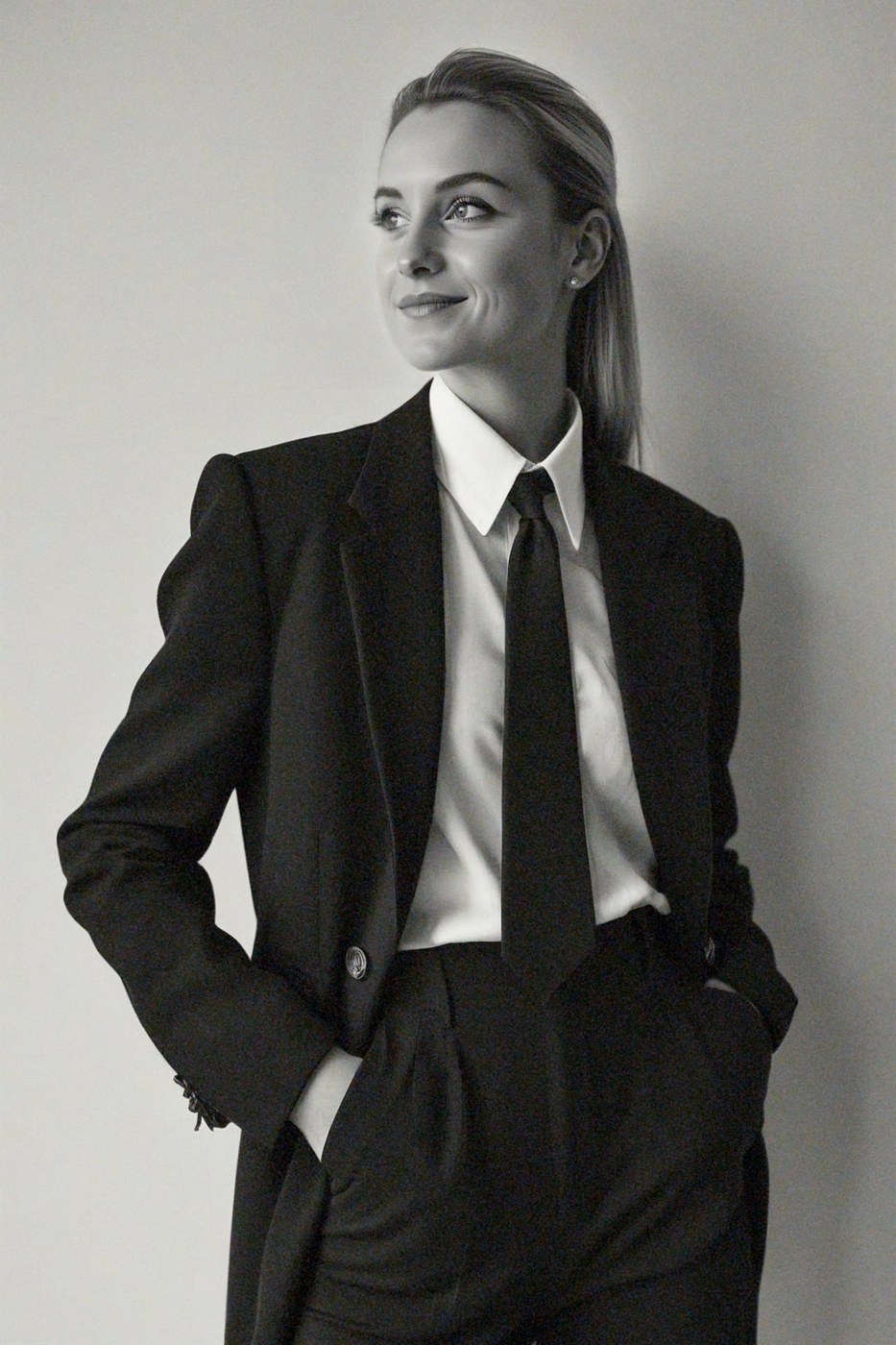 Portrait en noir et blanc d’Estelle Colon en costume