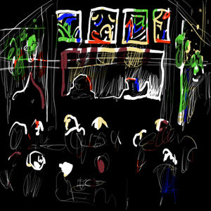 digital drawing of a Japanese tapas bar in Berlin at night, by Rose Apple