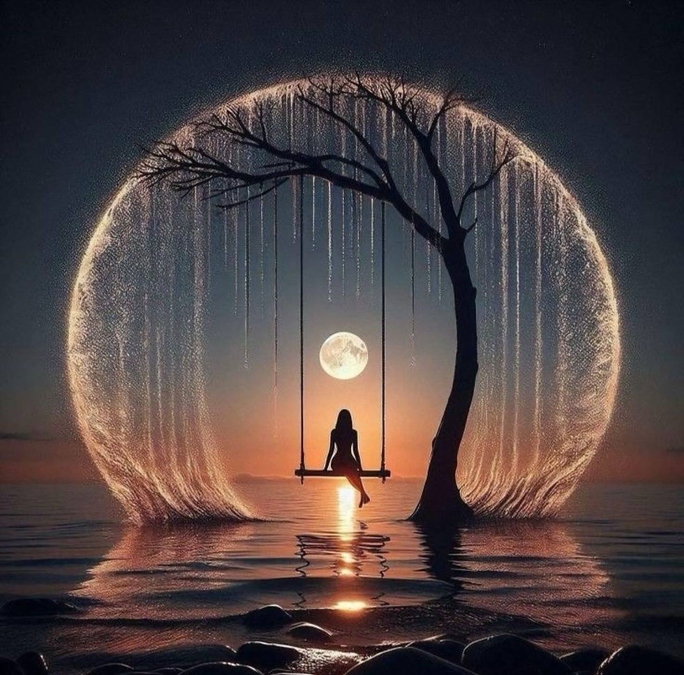 a silhouette of a woman sitting on a swing in the moonlight