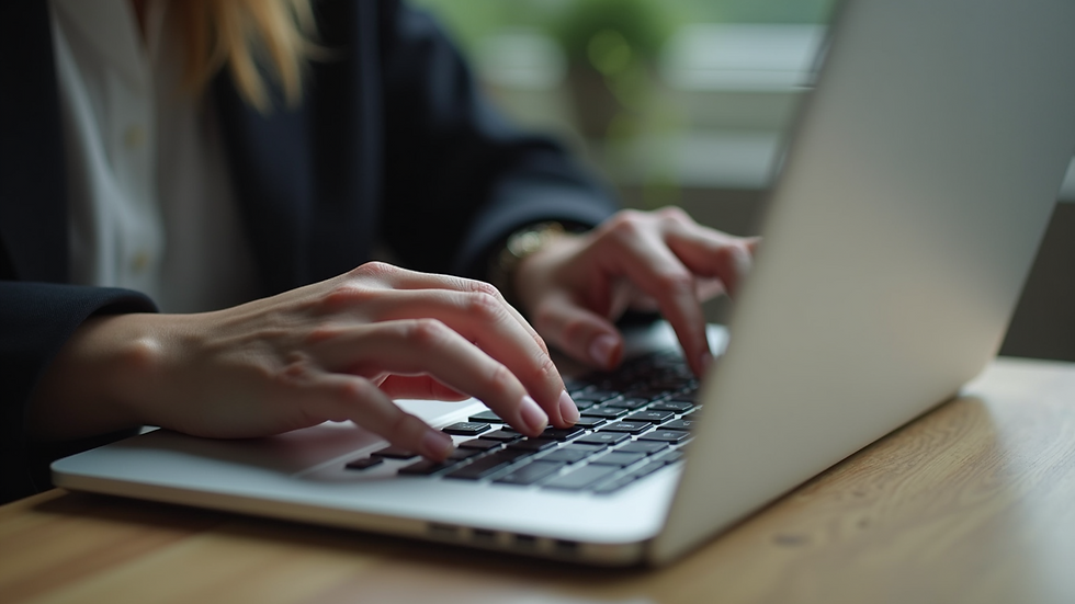 Close-up view of a writer's hands typing on a laptop