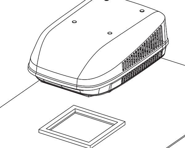RV air conditioner diagram showing how to position the outdoor unit over the roof gasket and square opening.