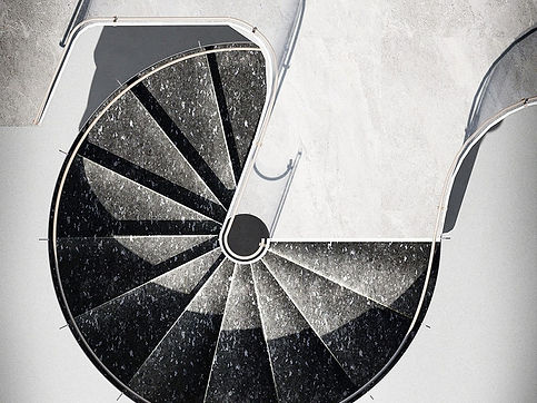 Grey and white spiral staircase