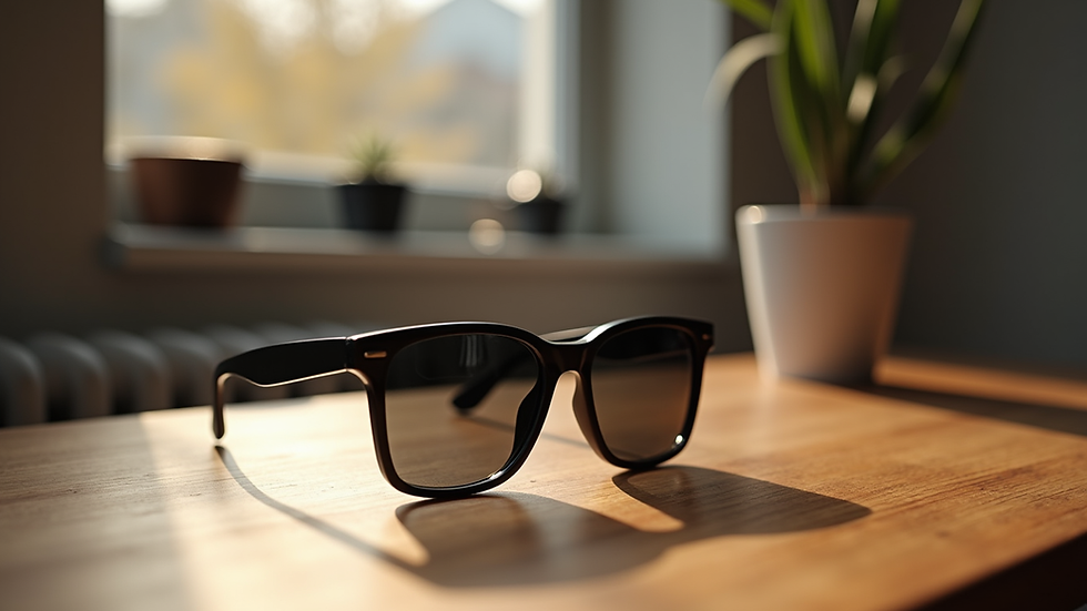 Close-up view of stylish sunglasses on a wooden table