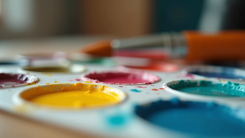 Eye-level view of colorful paint palette with brushes
