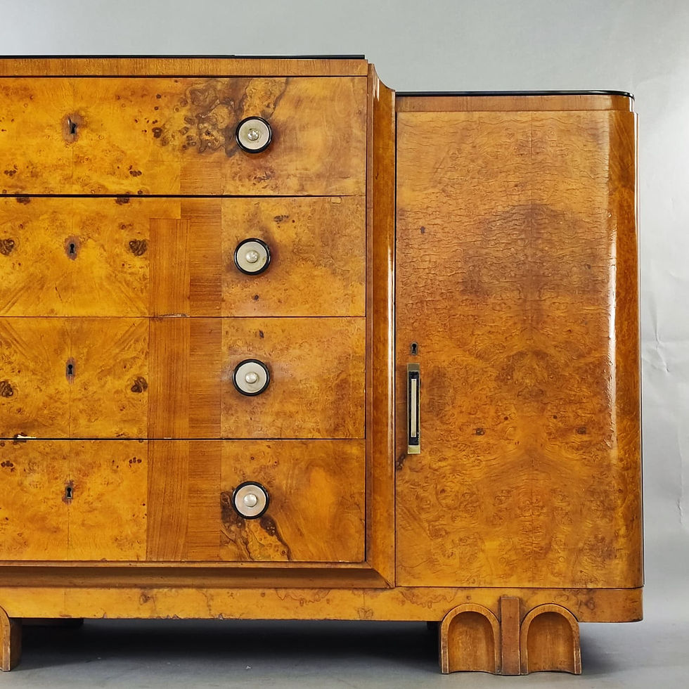 Miniatura: Cassettiera Art Decò in radica e vetro nero design '40