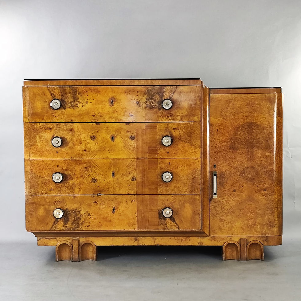 Miniatura: Cassettiera Art Decò in radica e vetro nero design '40