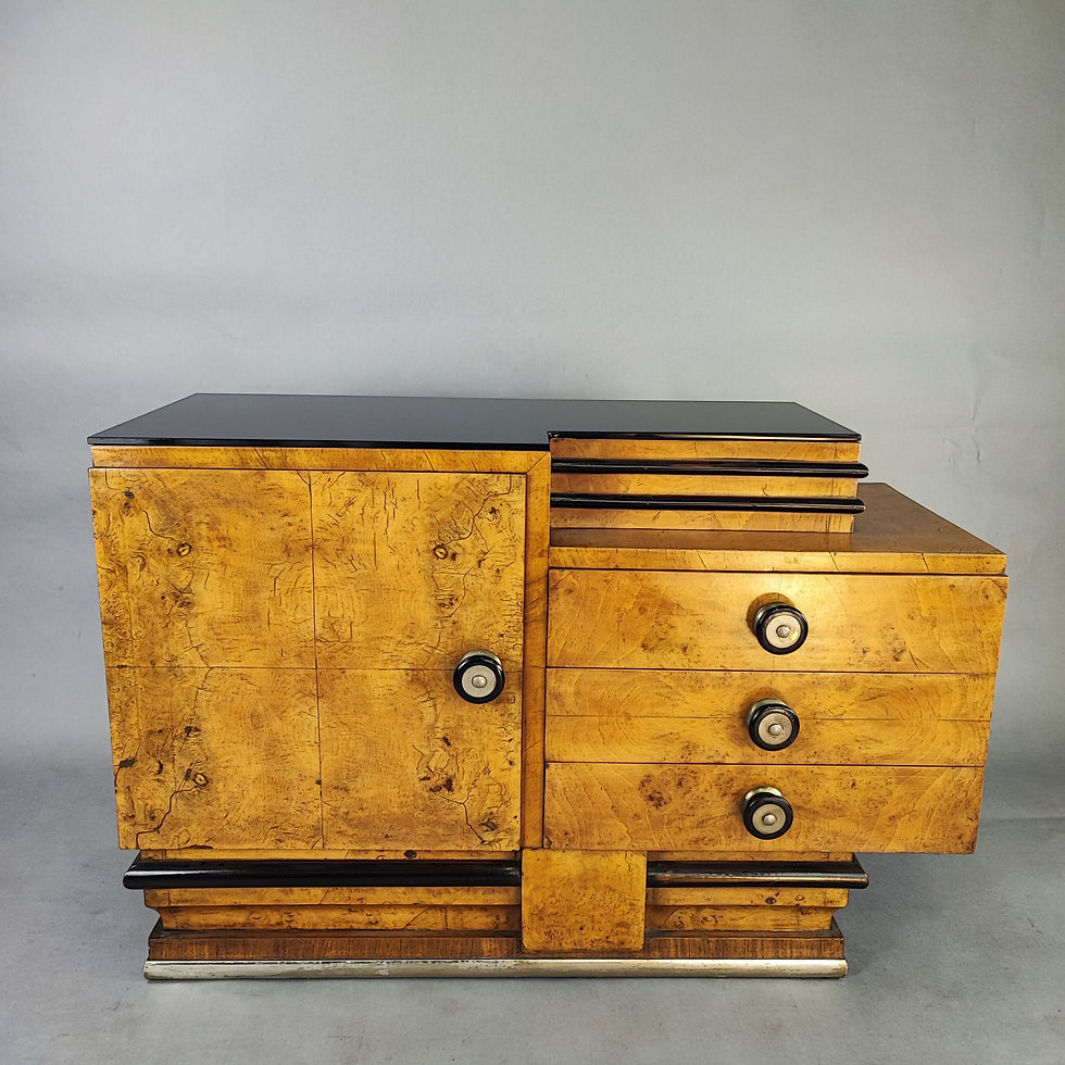 Thumbnail: Art Deco cabinet in briar root and black glass, 1940s design