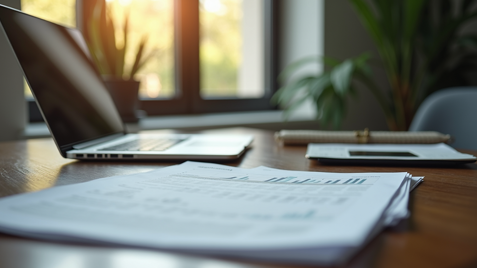Eye-level view of a cozy office desk with financial planning documents and a laptop