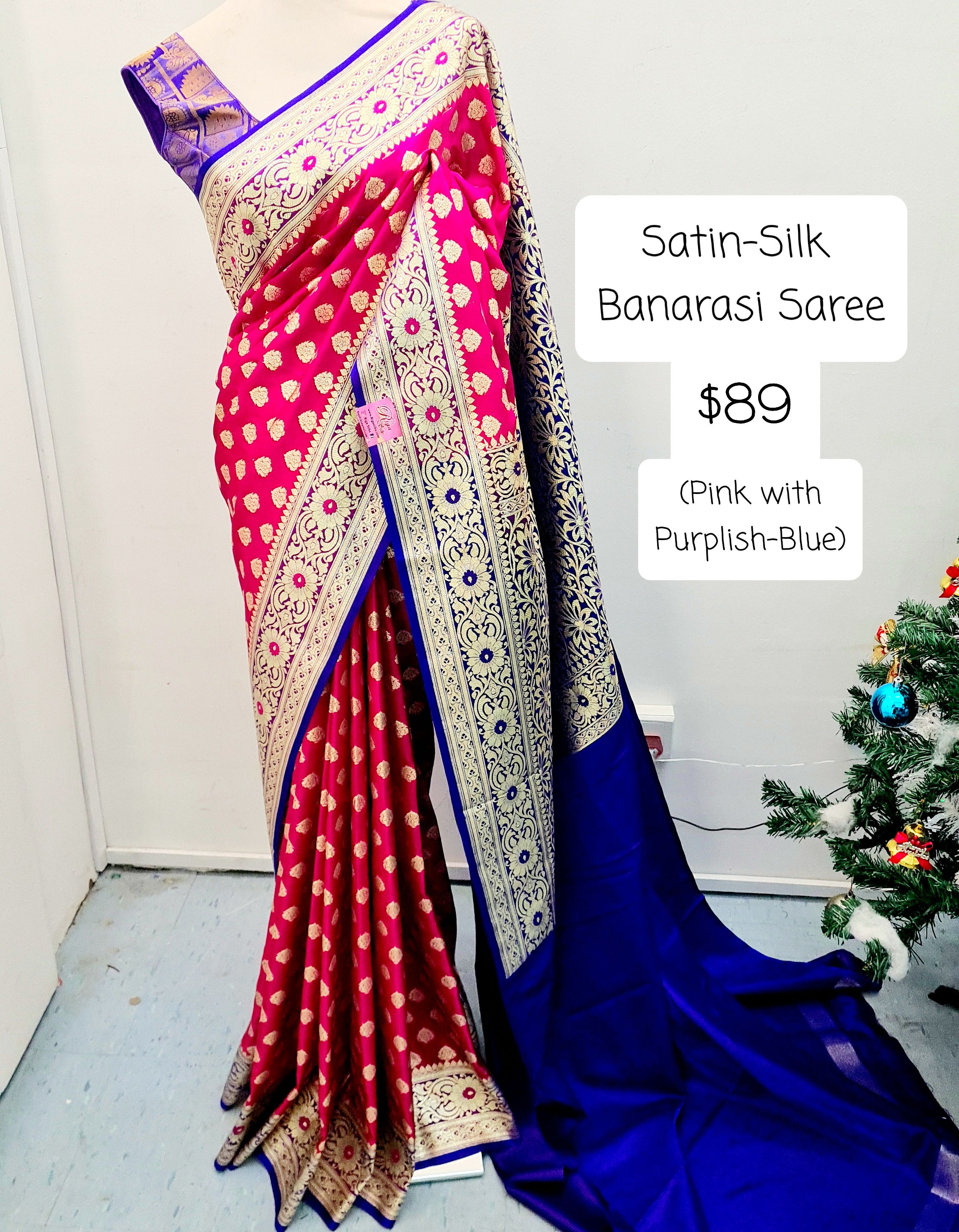 Pink with Purplish-Blue Satin-Silk Saree