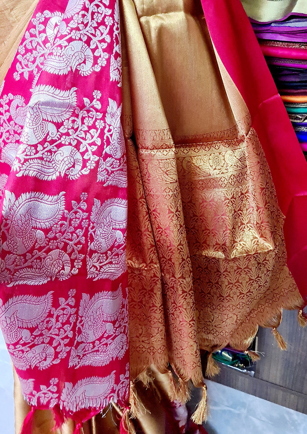 Thumbnail: Silver Zari Peacock Design Linen-Silk Saree