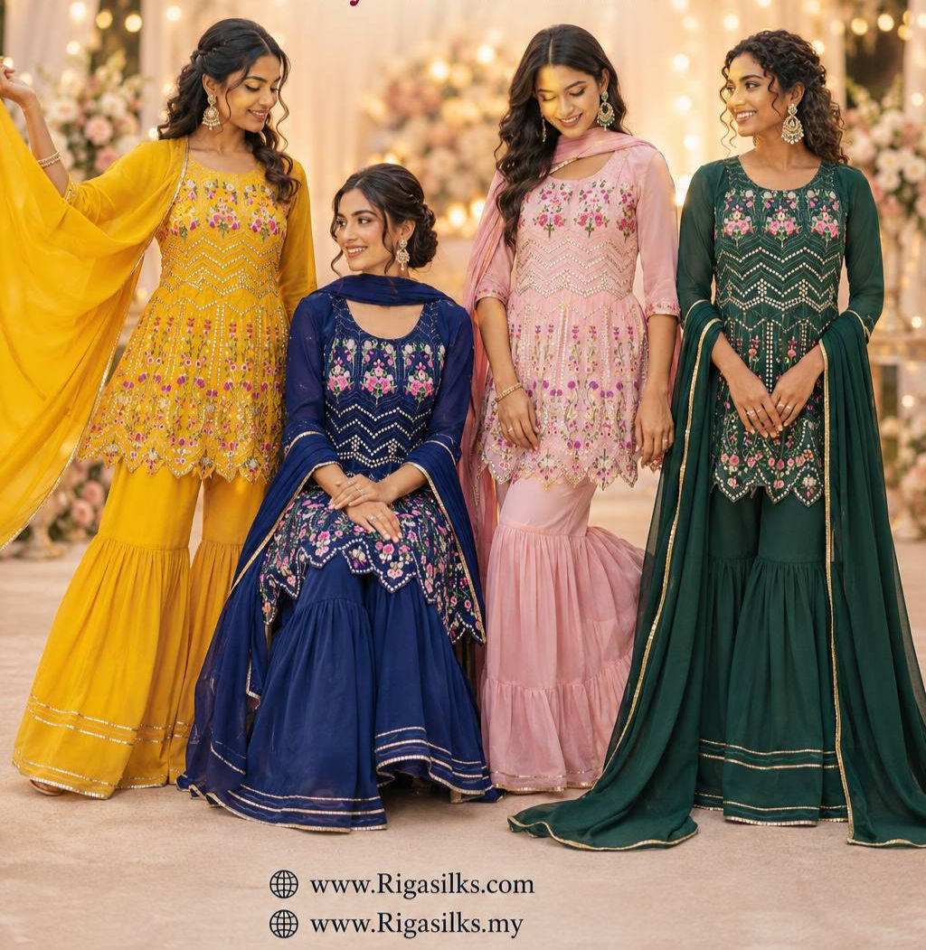 Multi-Colour Embroidered Georgette Sharara Suit 
