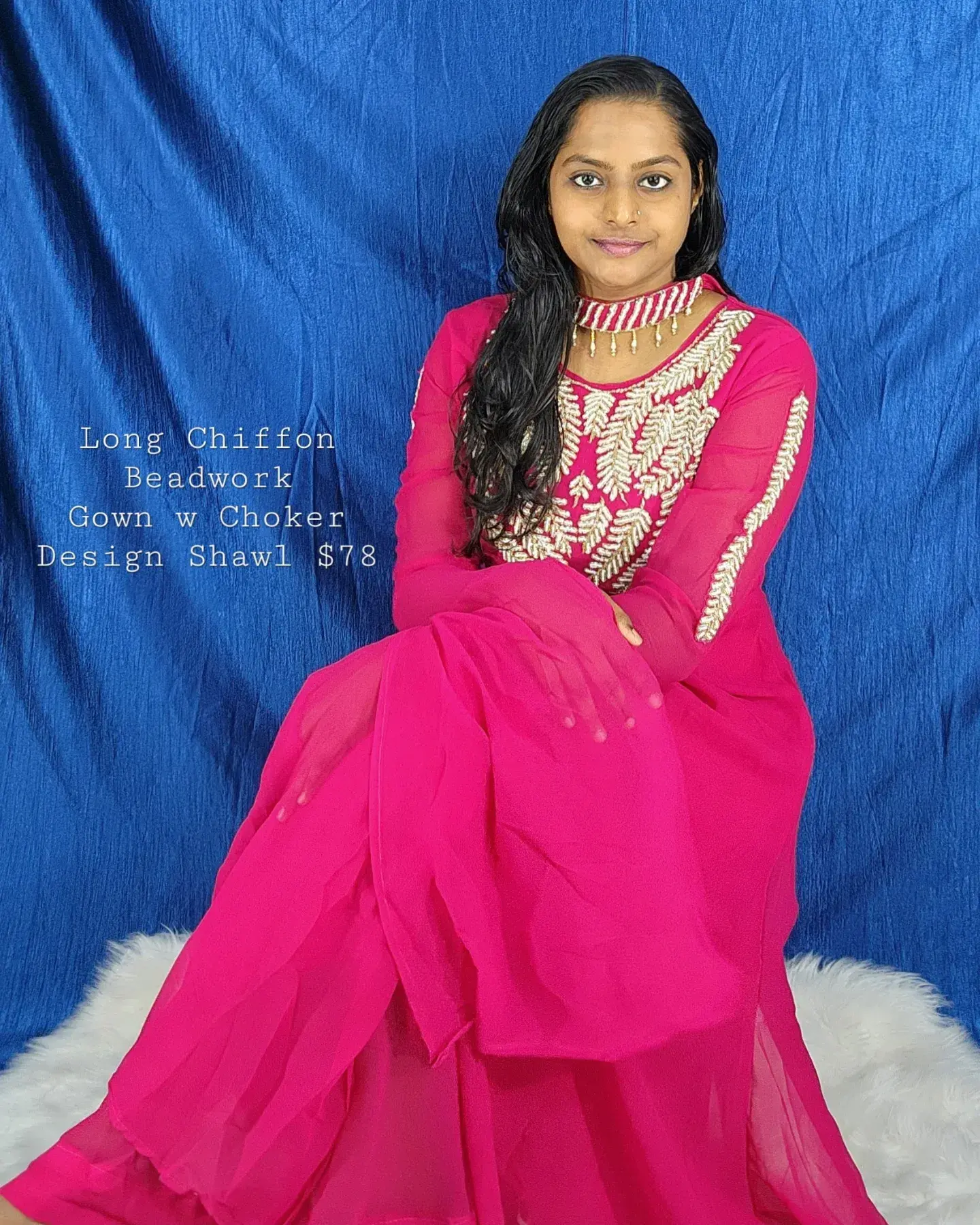 Beadwork Long Gown with Slit Sleeves & Choker Design Shawl 