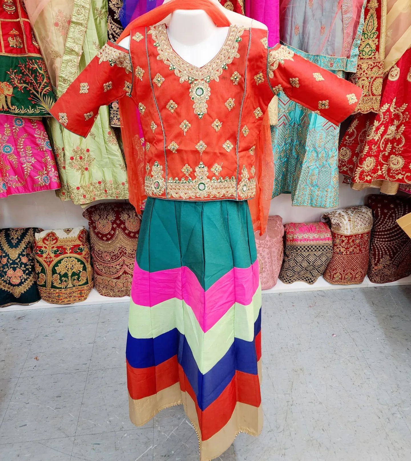 Linen Pavadai with Embroidered Blouse & Mirrorwork