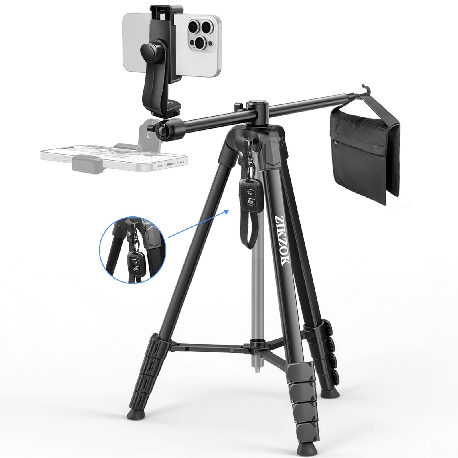 68" Phone Tripod for Overhead Shots Horizontal Tripod Tripod Stand for iPhone wi